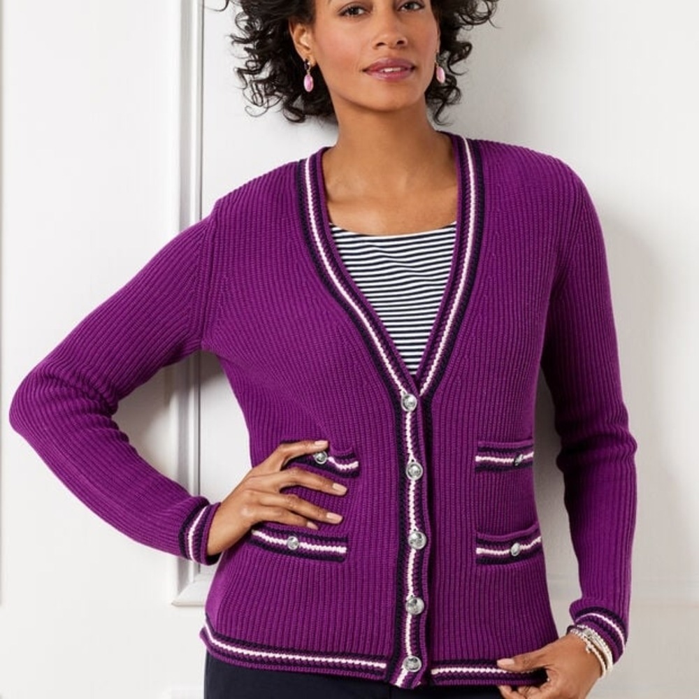 Talbots‎ V-Neck Cardigan Women's Size Mp Purple Texture Striped Button-up